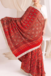 Red Modal Handworked Silk Ajrakh Hand Block Printed Saree with Hand Embroidery